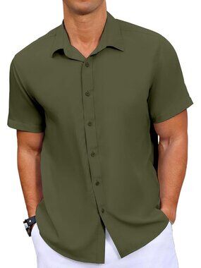 Men's Army Green Button Down Short Sleeve Summer Wedding Untucked Shirt